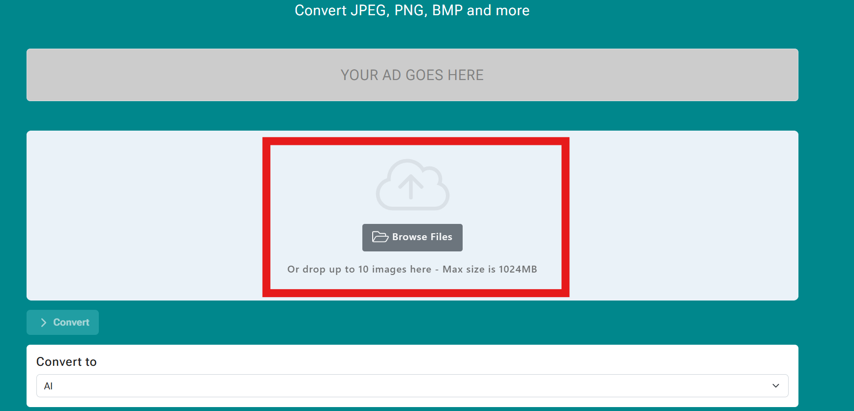 Upload area with a Browse Files button and text: drop up to 10 images here, max size 1024MB