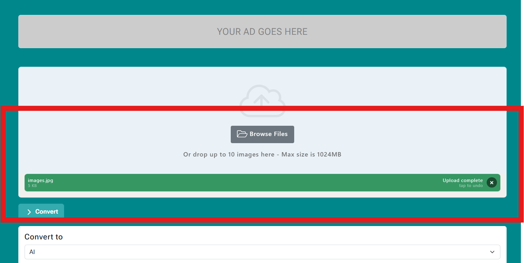 Upload complete bar showing a file name on the left and 'Upload complete' on the right