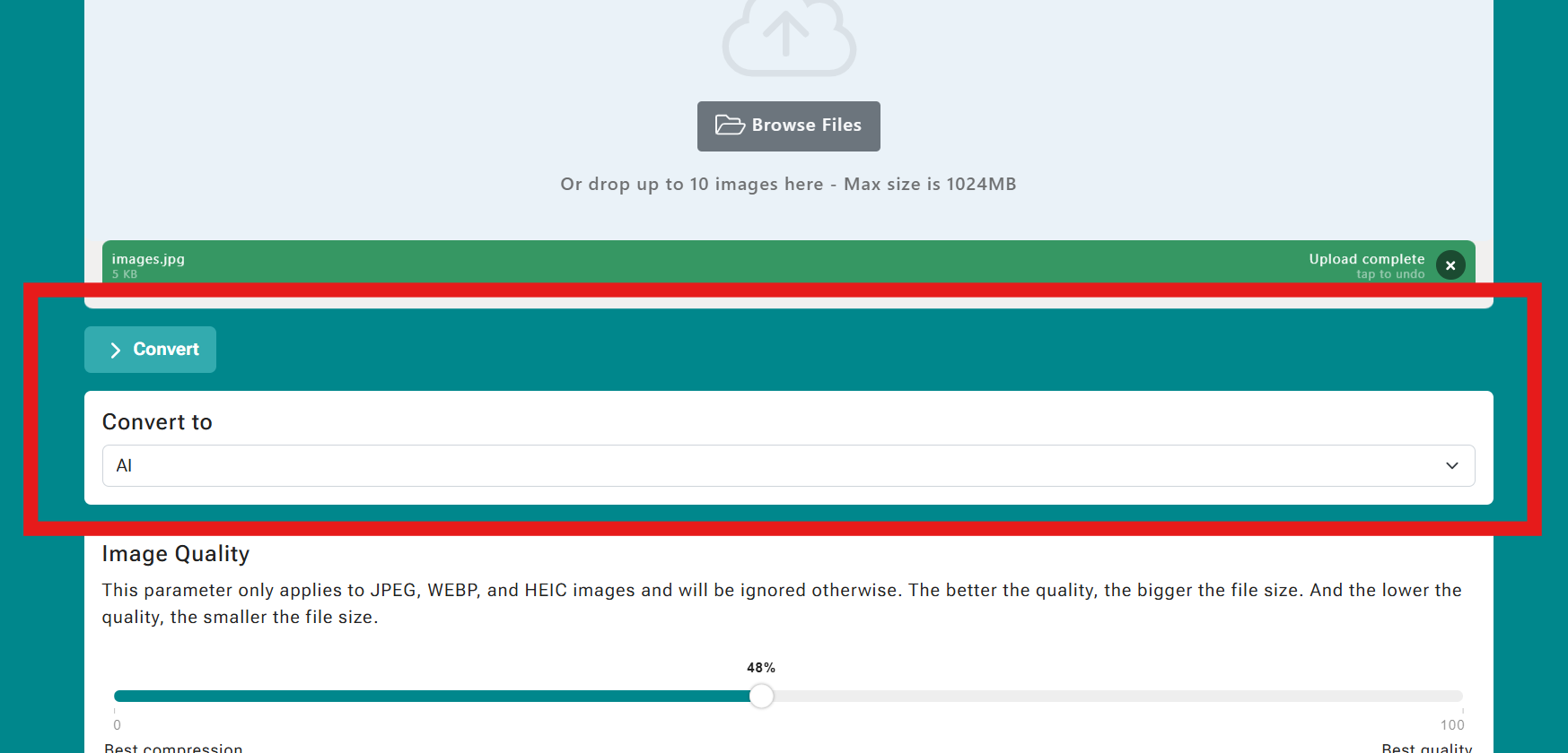 Convert section with a Convert button and Convert to dropdown set to AI, plus image quality area below