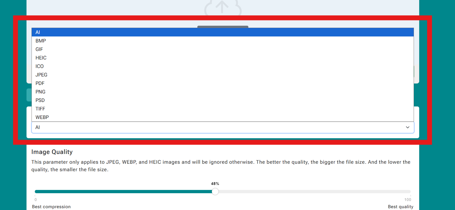 Convert to dropdown expanded showing formats: AI, BMP, GIF, HEIC, ICO, JPEG, PDF, PNG, PSD, TIFF, WEBP