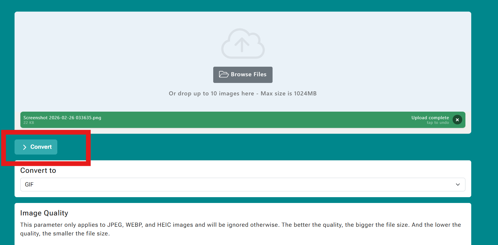 Convert button highlighted on the left side below the upload bar