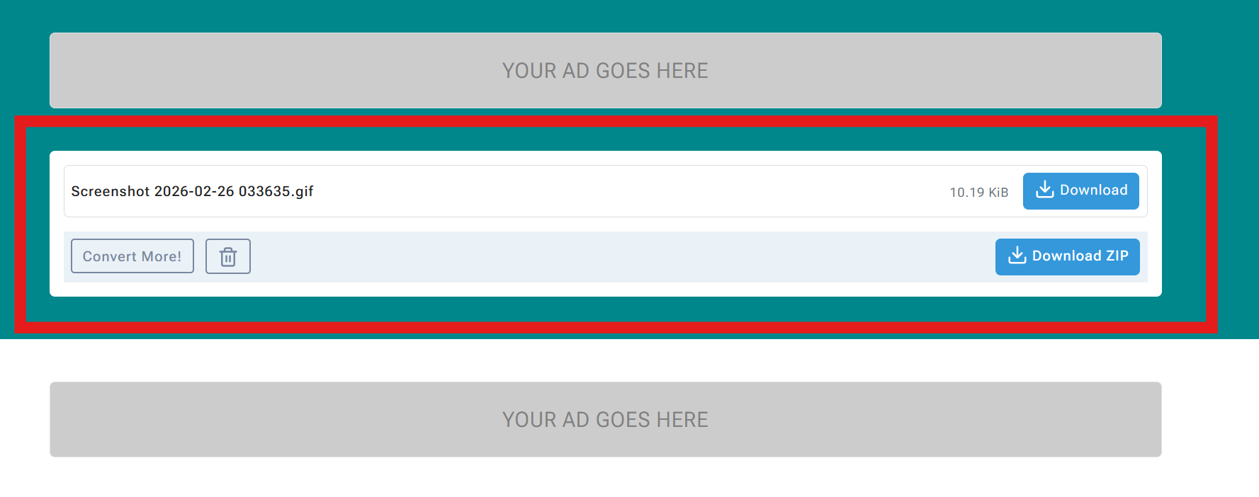 Result area showing converted file name with size and buttons Download and Download ZIP, plus Convert More and trash icon