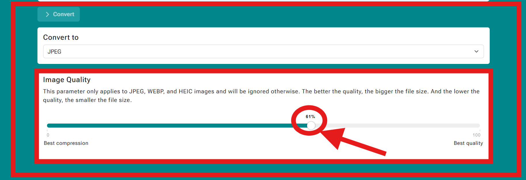 Image Quality slider with a percentage value highlighted, labels for best compression and best quality