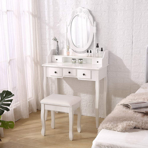 VEANERWOOD Makeup Vanity Table, Vintage Mirror Vanity Desk with Cushioned Stool Set, 5 Drawers and Shelf, Bedroom Dressing Vanity, Luxurious, White
