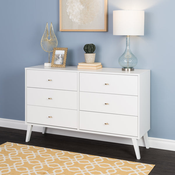 Prepac Milo Mid-Century 6 Drawer Wooden Double Dresser, 16" x 52.25" x 33", White