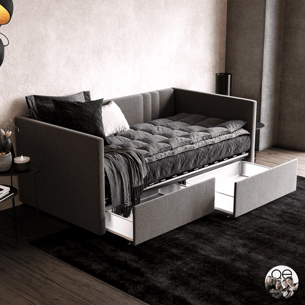 Queer Eye Charis Upholstered Daybed with Storage Drawers, Light Gray Linen, Twin size