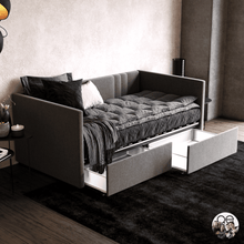 Queer Eye Charis Upholstered Daybed with Storage Drawers, Light Gray Linen, Twin size