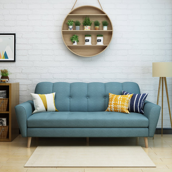 Noble House Triton Tufted Fabric Sofa, Blue, Natural