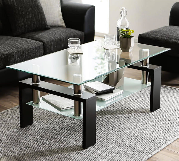 Glass Coffee Table with Lower Shelf, Clear Rectangle Glass Coffee Table, Modern Coffee Table with Metal Legs, Rectangle Center Table Sofa Table Home Furniture for Living Room, L5509