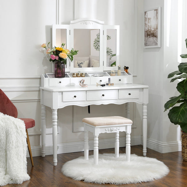 Vasagle Vanity Makeup Set with 7 Drawers, 2 Brush Slots and 4 Open Compartments, Dressing Table with Tri-Fold Necklace Hooked Mirror, Solid Wood Legs, Cushioned Stool, White
