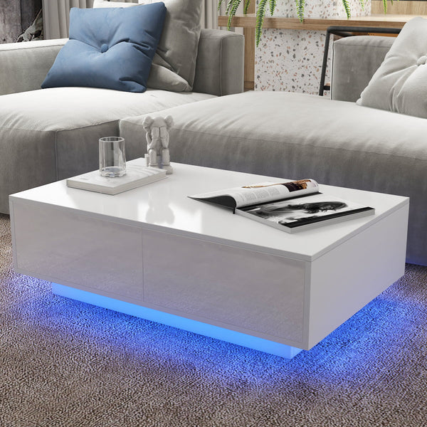 Hommpa Coffee Table with 4 Drawers LED Center Table White High Gloss Finish