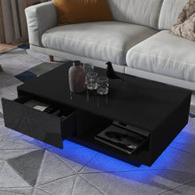 LED Coffee Table Side Table High Gloss Modern Coffee Tea Table W/Drawer & Open Shelf for Living Room Black