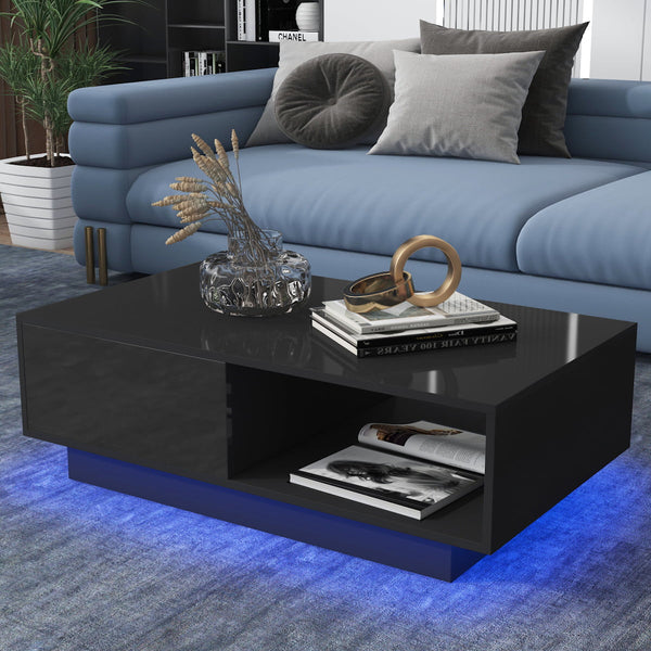 LED Coffee Table Side Table High Gloss Modern Coffee Tea Table W/Drawer & Open Shelf for Living Room Black
