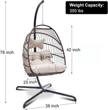 RADIATA Foldable Wicker Rattan Hanging Egg Chair with Stand, Swing Chair with Cushion and Pillow, Lounging Chair for Indoor Outdoor Bedroom Patio Garden (Beige with Stand)
