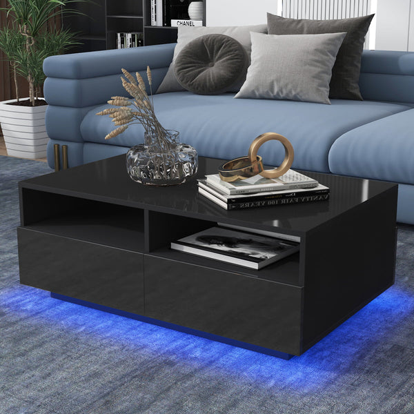 High Gloss Coffee Table LED Coffee Centre Table with Storage for Living Room, Black