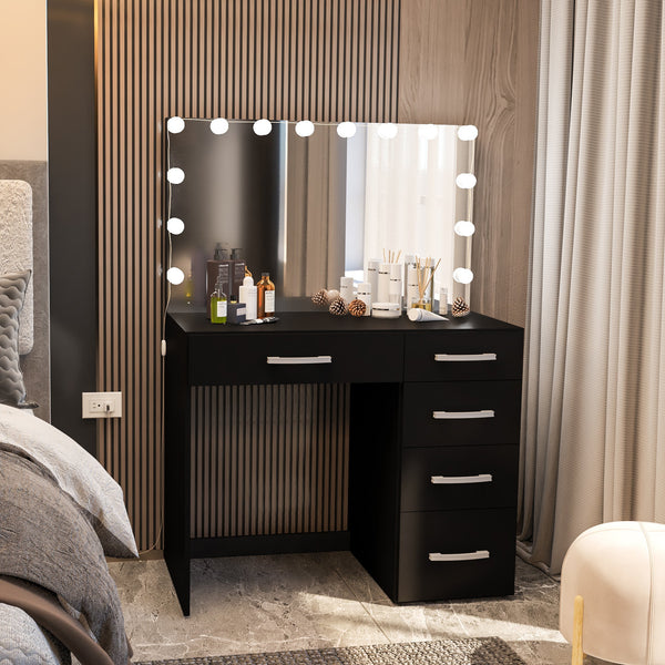 Ember Interiors Leia Modern Black Painted Vanity Table, Lights, for Bedroom