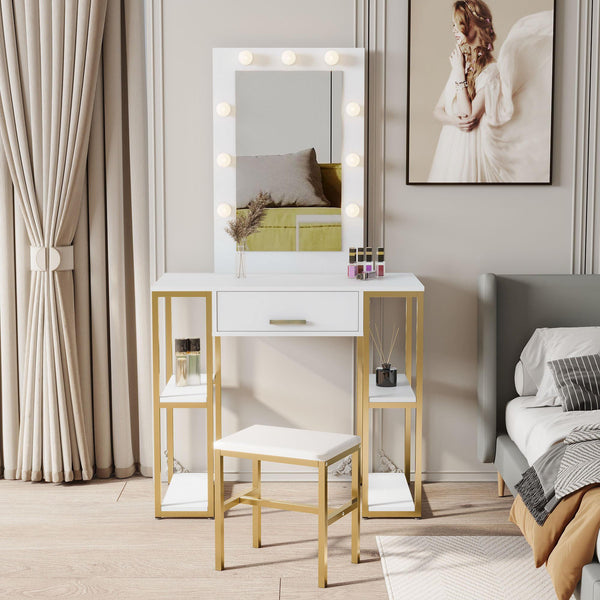 UBesGoo Vanity Table Set with Lighted Mirror, Makeup Table with Drawers, Dressing Vanity Tables, Dresser Desk for Girls, Women, White