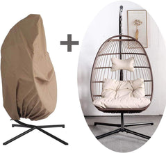 RADIATA Foldable Wicker Rattan Hanging Egg Chair with Stand, Swing Chair with Cushion and Pillow, Lounging Chair for Indoor Outdoor Bedroom Patio Garden (Beige with Stand)
