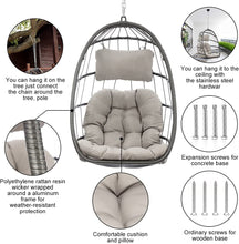 RADIATA Foldable Wicker Rattan Hanging Egg Chair with Stand, Swing Chair with Cushion and Pillow, Lounging Chair for Indoor Outdoor Bedroom Patio Garden (Beige with Stand)