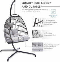 RADIATA Foldable Wicker Rattan Hanging Egg Chair with Stand, Swing Chair with Cushion and Pillow, Lounging Chair for Indoor Outdoor Bedroom Patio Garden (Beige with Stand)