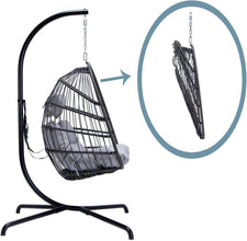 RADIATA Foldable Wicker Rattan Hanging Egg Chair with Stand, Swing Chair with Cushion and Pillow, Lounging Chair for Indoor Outdoor Bedroom Patio Garden (Beige with Stand)