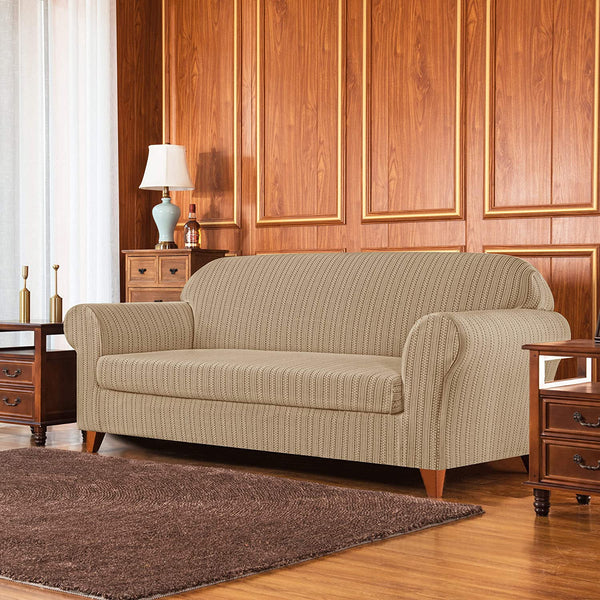 Subrtex Stretch 2-Piece Sofa Slipcover Striped Jacquard Couch Sofa Cover (Large, Beige Brown)