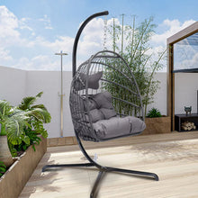 RADIATA Foldable Wicker Rattan Hanging Egg Chair with Stand, Swing Chair with Cushion and Pillow, Lounging Chair for Indoor Outdoor Bedroom Patio Garden (Beige with Stand)