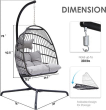 RADIATA Foldable Wicker Rattan Hanging Egg Chair with Stand, Swing Chair with Cushion and Pillow, Lounging Chair for Indoor Outdoor Bedroom Patio Garden (Beige with Stand)
