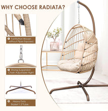 RADIATA Foldable Wicker Rattan Hanging Egg Chair with Stand, Swing Chair with Cushion and Pillow, Lounging Chair for Indoor Outdoor Bedroom Patio Garden (Beige with Stand)