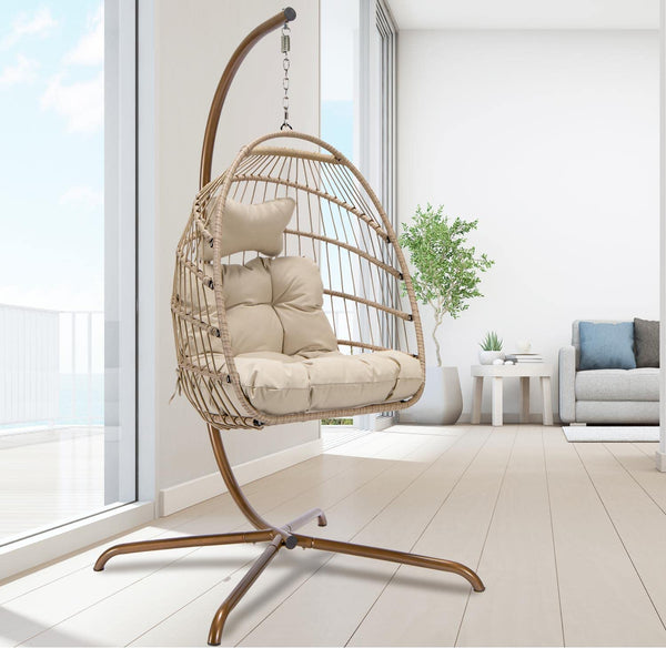 Radiata Foldable Wicker Rattan Hanging Egg Chair with Stand