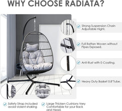 RADIATA Foldable Wicker Rattan Hanging Egg Chair with Stand, Swing Chair with Cushion and Pillow, Lounging Chair for Indoor Outdoor Bedroom Patio Garden (Beige with Stand)