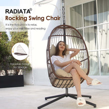 RADIATA Foldable Wicker Rattan Hanging Egg Chair with Stand, Swing Chair with Cushion and Pillow, Lounging Chair for Indoor Outdoor Bedroom Patio Garden (Beige with Stand)