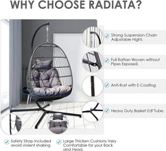 RADIATA Foldable Wicker Rattan Hanging Egg Chair with Stand, Swing Chair with Cushion and Pillow, Lounging Chair for Indoor Outdoor Bedroom Patio Garden (Beige with Stand)