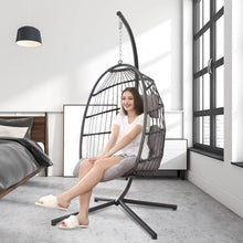 RADIATA Foldable Wicker Rattan Hanging Egg Chair with Stand, Swing Chair with Cushion and Pillow, Lounging Chair for Indoor Outdoor Bedroom Patio Garden (Beige with Stand)