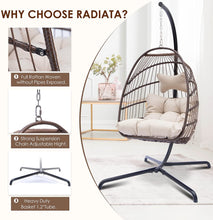 RADIATA Foldable Wicker Rattan Hanging Egg Chair with Stand, Swing Chair with Cushion and Pillow, Lounging Chair for Indoor Outdoor Bedroom Patio Garden (Beige with Stand)