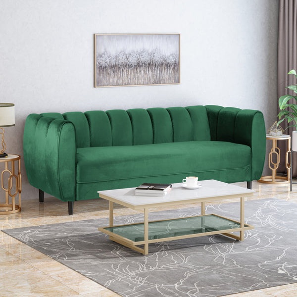 Noble House Hildred Velvet Channel Stitch Sofa, Emerald, Dark Brown