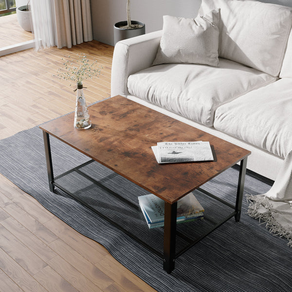 Jaxpety Coffee Table with Metal Frame and Mesh Storage Shelf for Living Room, Rustic Brown