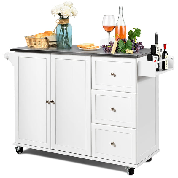 Costway Kitchen Island 2-Door Storage Cabinet Stainless Steel Top w/Drawers White