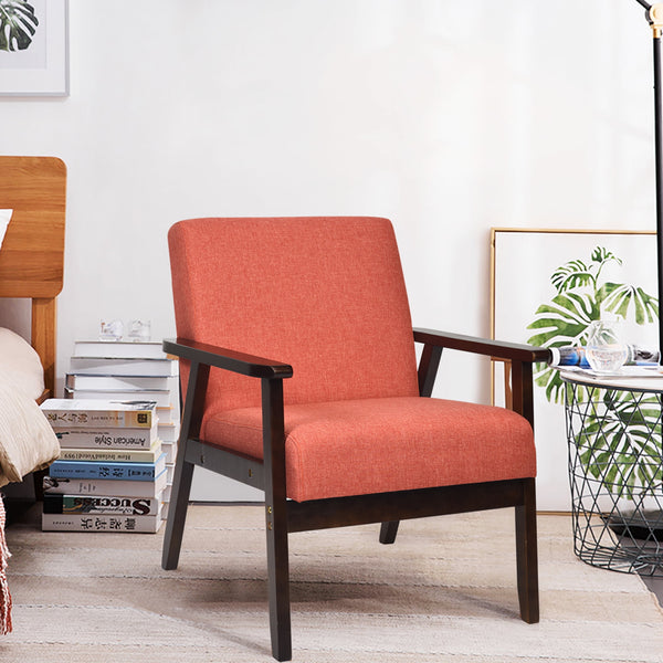 Gymax Fabric Armchair Wooden Upholstered Accent Chair Home Office Orange