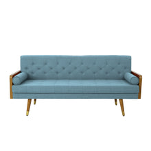 Noble House Nathanial Fabric Tufted Sofa, Blue, Dark Walnut