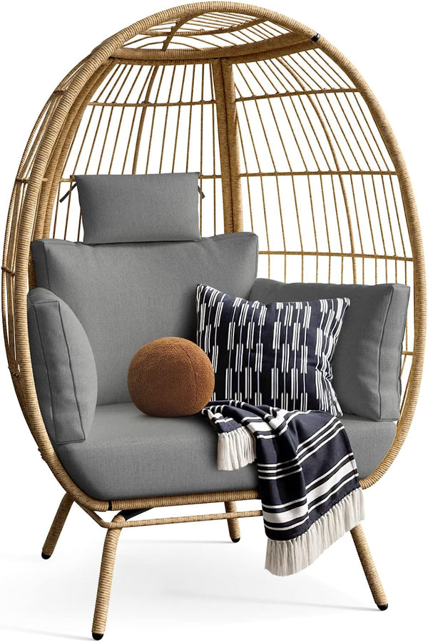 YITAHOME Wicker Egg Chair Outdoor Indoor Oversized Lounger with Stand and Cushions Egg Basket Chair for Patio Backyard Porch - Grey