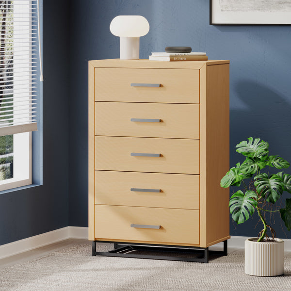 Noble House Cayuga Faux Wood 5 Drawer Dresser, Natural and Black