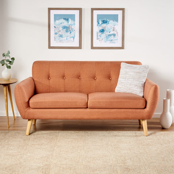Noble House Abitha Fabric Tufted Sofa, Burnt Orange, Natural Oak