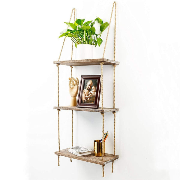 Rustic Wooden Hanging Rope Shelf